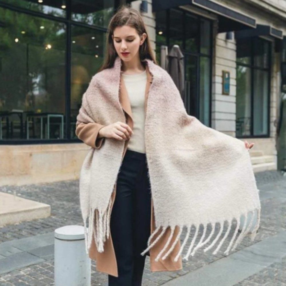 NWT AYNIL Large Ombre Cozy Fringe Blanket Scarf in Beige Brown Cream Ivory